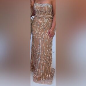 Embellished Nude Beaded Evening Dress